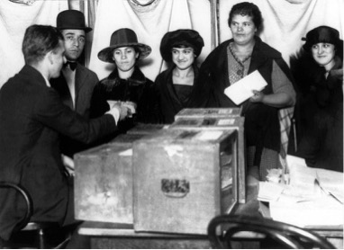 Women line up to vote for the first time in New York after the passage of the 19th Amendment, in 1920.