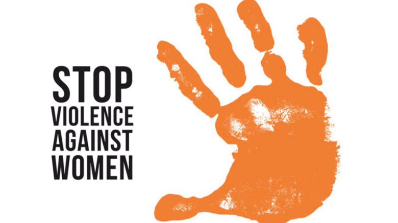 stop violence against women and orange handprint
